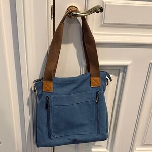 Blue Canvas Tote Bag with Brown Straps